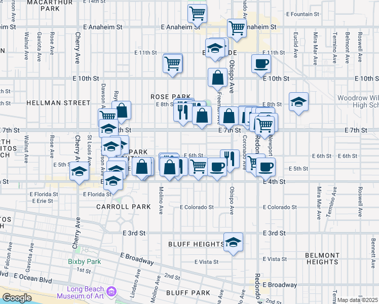 map of restaurants, bars, coffee shops, grocery stores, and more near 2840 East Theresa Street in Long Beach