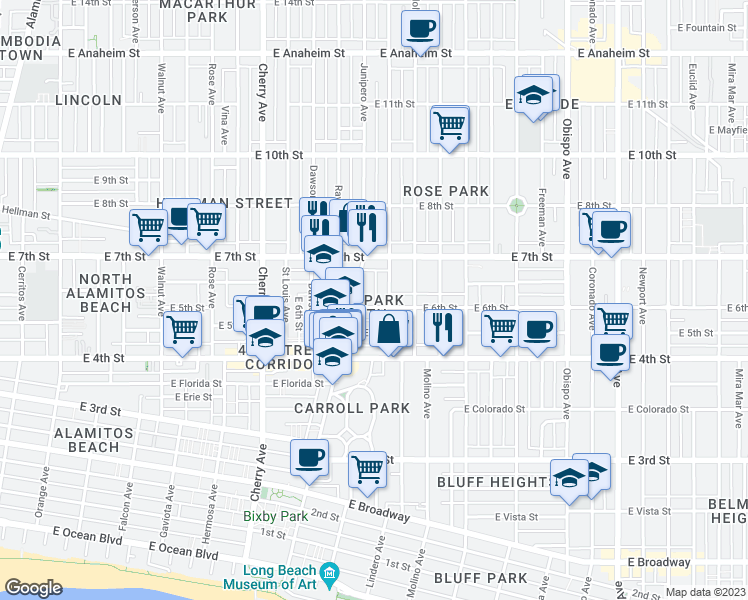 map of restaurants, bars, coffee shops, grocery stores, and more near 625 Stanley Avenue in Long Beach