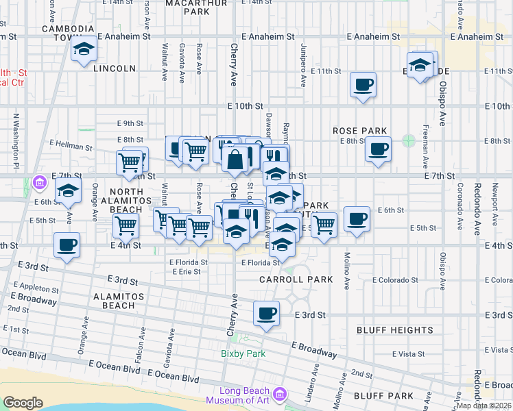 map of restaurants, bars, coffee shops, grocery stores, and more near 535 Saint Louis Avenue in Long Beach