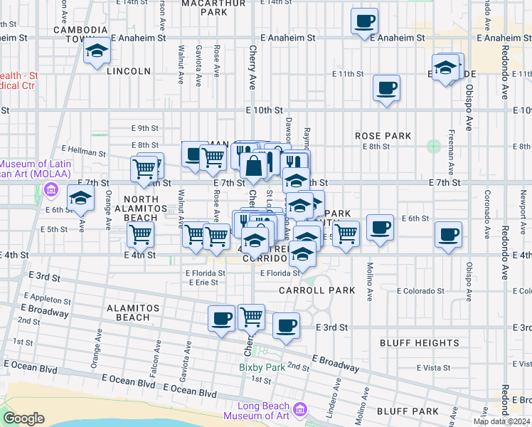 map of restaurants, bars, coffee shops, grocery stores, and more near 535 Saint Louis Avenue in Long Beach