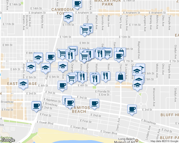 map of restaurants, bars, coffee shops, grocery stores, and more near 575 Walnut Avenue in Long Beach