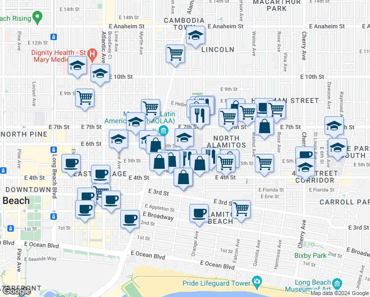 map of restaurants, bars, coffee shops, grocery stores, and more near 540 Cerritos Avenue in Long Beach