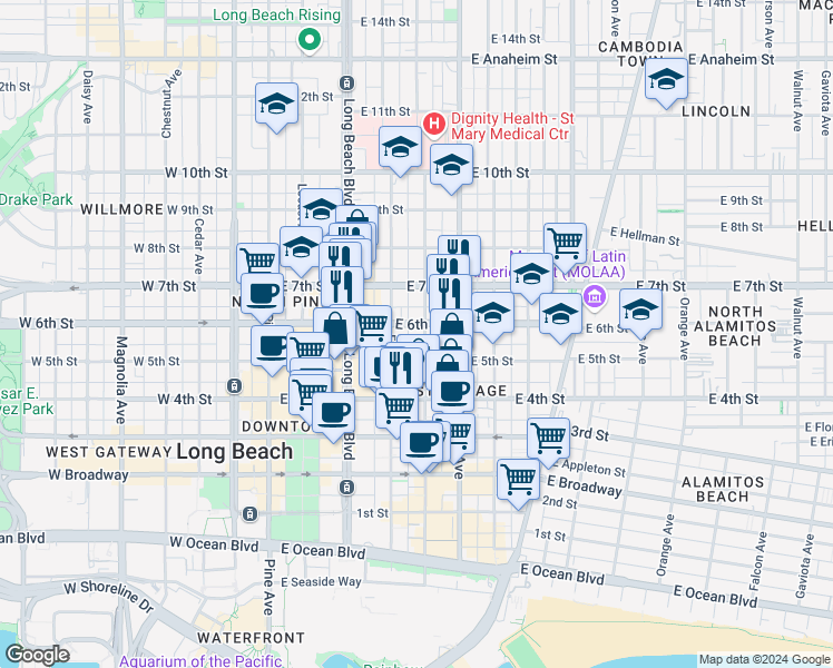 map of restaurants, bars, coffee shops, grocery stores, and more near 553 Linden Avenue in Long Beach