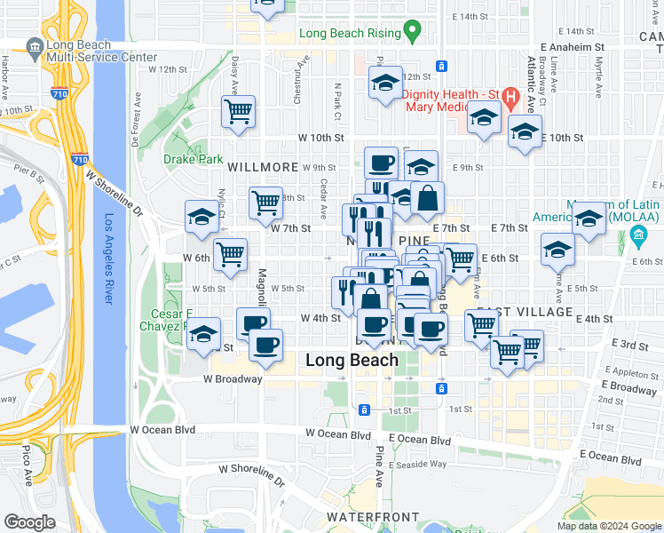 map of restaurants, bars, coffee shops, grocery stores, and more near 555 Pacific Avenue in Long Beach