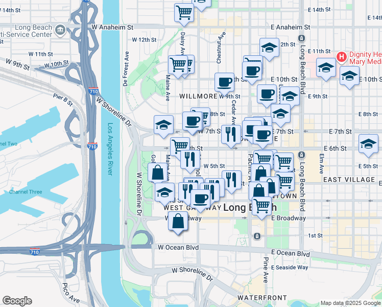map of restaurants, bars, coffee shops, grocery stores, and more near 535 Magnolia Avenue in Long Beach