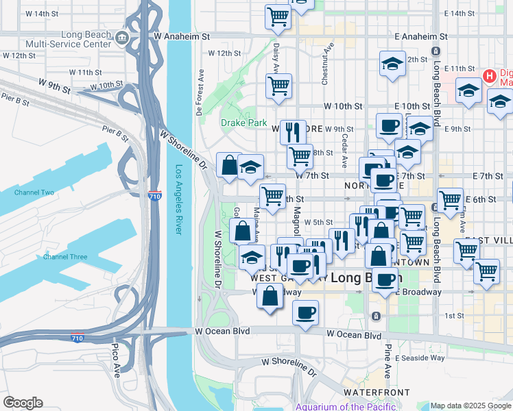 map of restaurants, bars, coffee shops, grocery stores, and more near in Long Beach