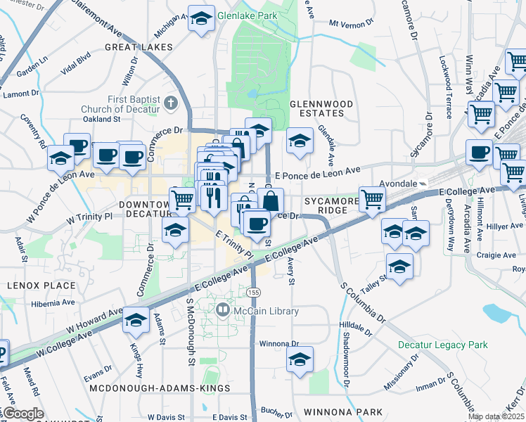 map of restaurants, bars, coffee shops, grocery stores, and more near 218 Barry Street in Decatur
