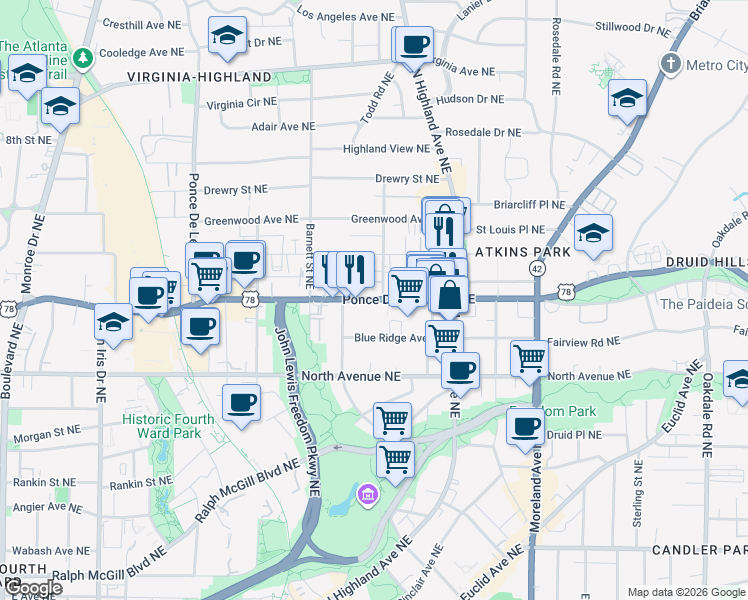 map of restaurants, bars, coffee shops, grocery stores, and more near in Atlanta