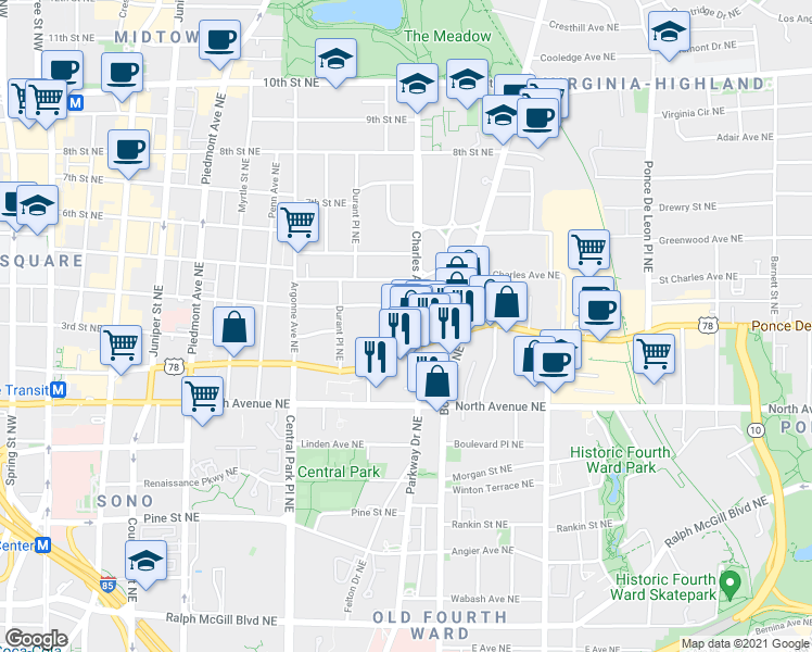 map of restaurants, bars, coffee shops, grocery stores, and more near 706 Charles Allen Drive Northeast in Atlanta
