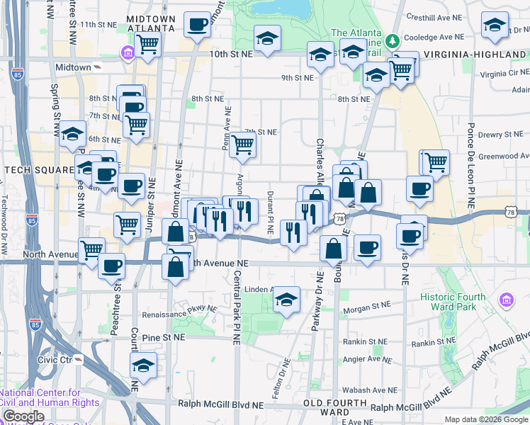 map of restaurants, bars, coffee shops, grocery stores, and more near 331 4th Street Northeast in Atlanta