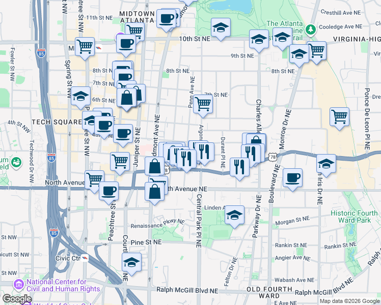 map of restaurants, bars, coffee shops, grocery stores, and more near 710 Argonne Avenue Northeast in Atlanta