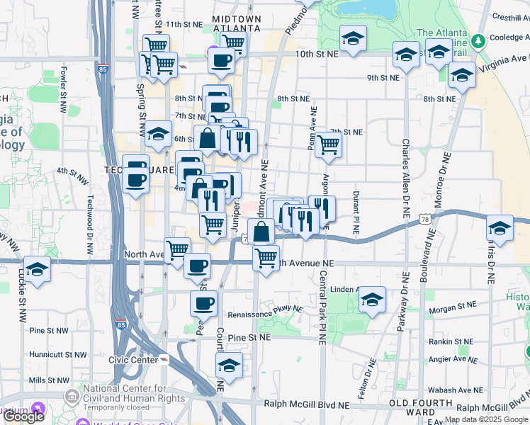 map of restaurants, bars, coffee shops, grocery stores, and more near 711 Piedmont Avenue Northeast in Atlanta