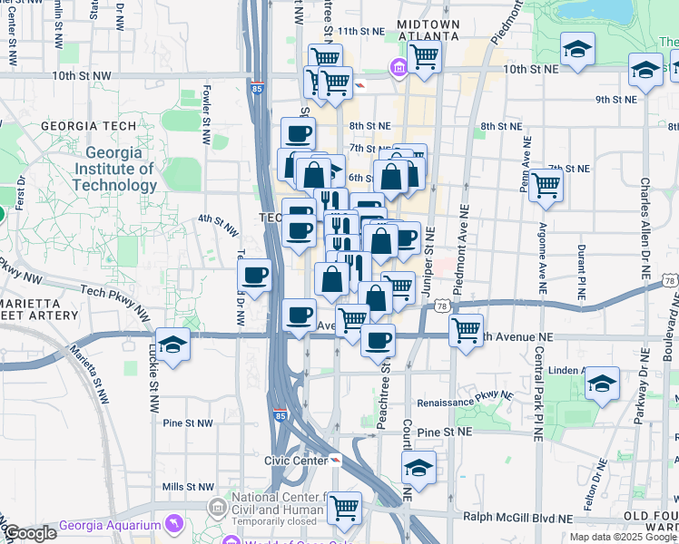 map of restaurants, bars, coffee shops, grocery stores, and more near in Atlanta