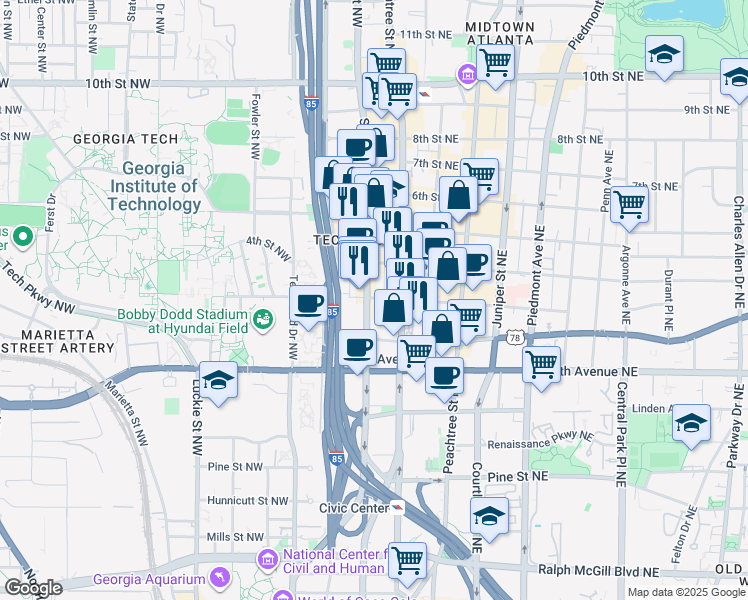map of restaurants, bars, coffee shops, grocery stores, and more near 721 Spring Street Northwest in Atlanta