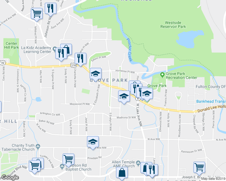 map of restaurants, bars, coffee shops, grocery stores, and more near 693 South Evelyn Place Northwest in Atlanta