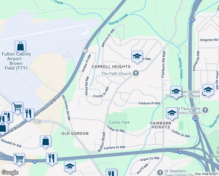 map of restaurants, bars, coffee shops, grocery stores, and more near 3648 Crosby Drive Northwest in Atlanta