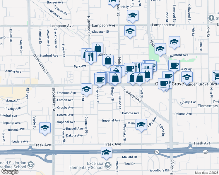map of restaurants, bars, coffee shops, grocery stores, and more near 10672 Garden Grove Boulevard in Garden Grove