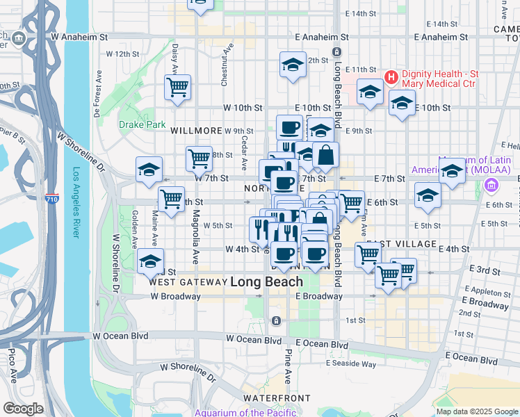 map of restaurants, bars, coffee shops, grocery stores, and more near 555 Pacific Avenue in Long Beach