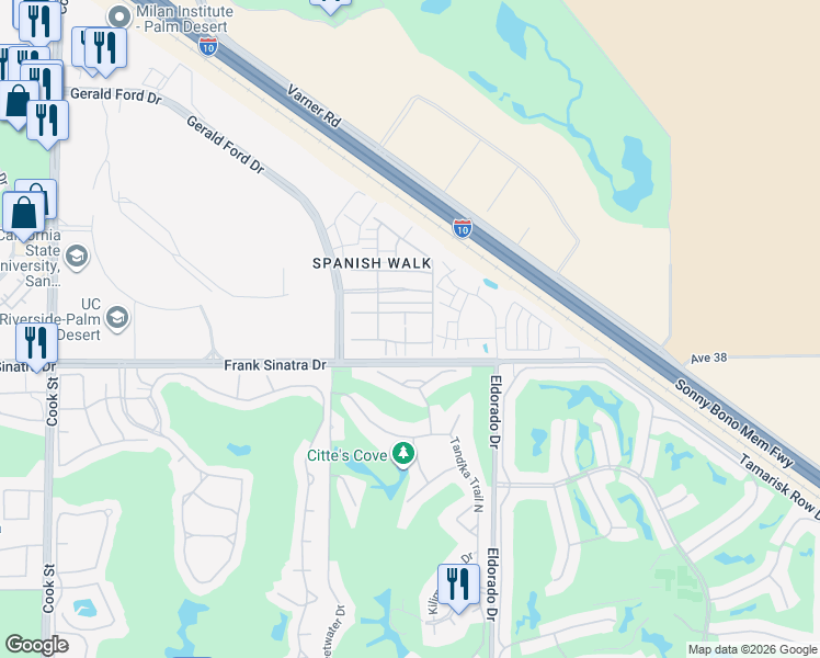 map of restaurants, bars, coffee shops, grocery stores, and more near 570 Calle Vibrante in Palm Desert