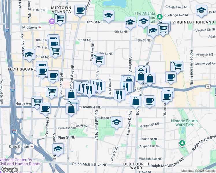 map of restaurants, bars, coffee shops, grocery stores, and more near 331 4th Street Northeast in Atlanta