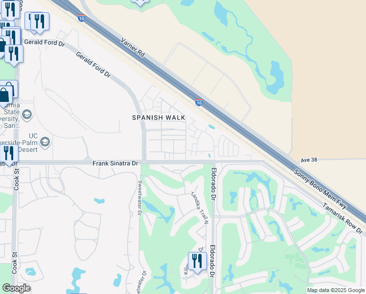 map of restaurants, bars, coffee shops, grocery stores, and more near 586 Calle Vibrante in Palm Desert