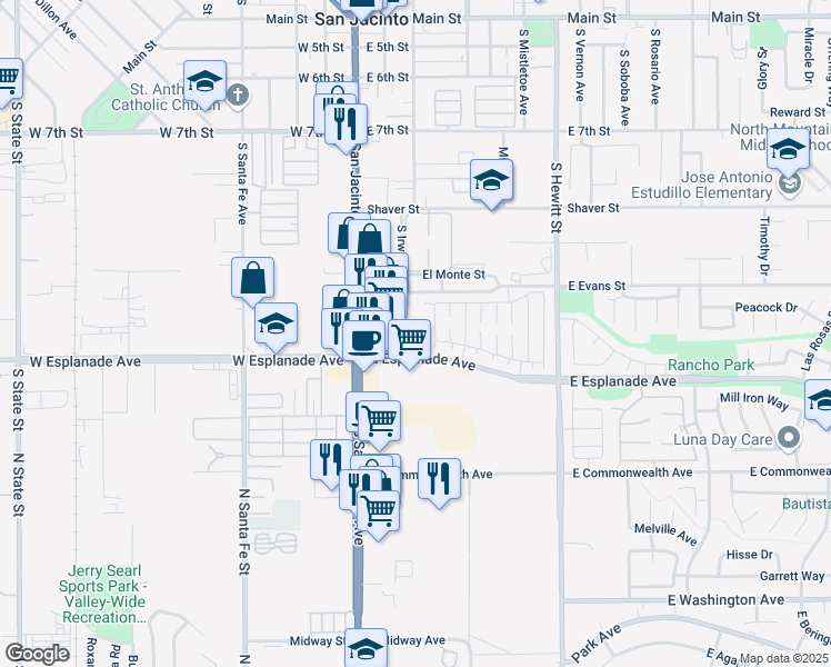 map of restaurants, bars, coffee shops, grocery stores, and more near 315 East Esplanade Avenue in San Jacinto