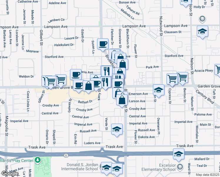 map of restaurants, bars, coffee shops, grocery stores, and more near 10080 Garden Grove Boulevard in Garden Grove