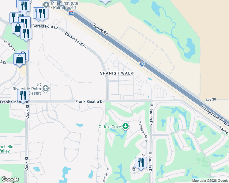 map of restaurants, bars, coffee shops, grocery stores, and more near 555 Via De La Paz in Palm Desert