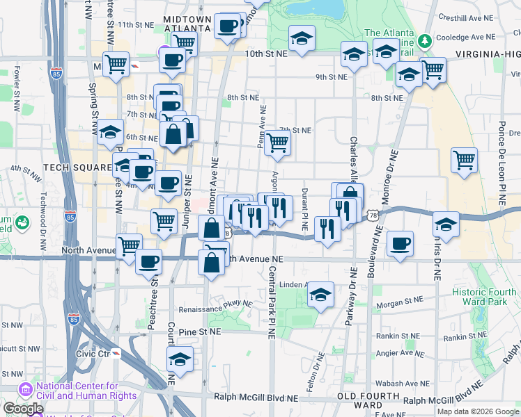 map of restaurants, bars, coffee shops, grocery stores, and more near 710 Argonne Avenue Northeast in Atlanta