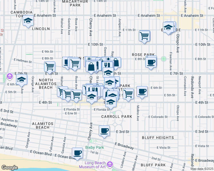 map of restaurants, bars, coffee shops, grocery stores, and more near 2212 East 6th Street in Long Beach