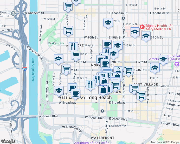map of restaurants, bars, coffee shops, grocery stores, and more near 543 Cedar Avenue in Long Beach