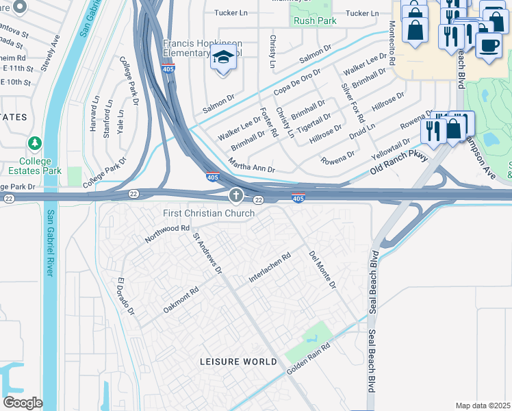 map of restaurants, bars, coffee shops, grocery stores, and more near 1581 Northwood Road in Seal Beach