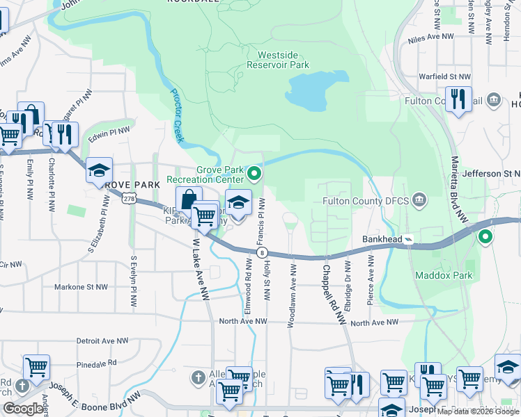 map of restaurants, bars, coffee shops, grocery stores, and more near 696 Francis Place Northwest in Atlanta