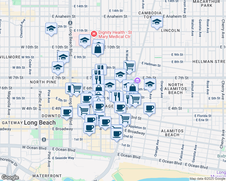 map of restaurants, bars, coffee shops, grocery stores, and more near in Long Beach