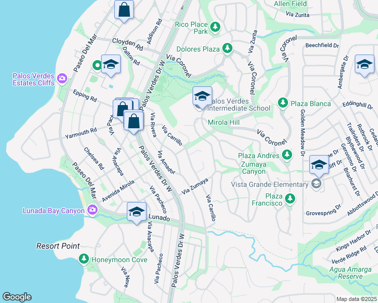 map of restaurants, bars, coffee shops, grocery stores, and more near 1001 Vía Fortuna in Palos Verdes Estates