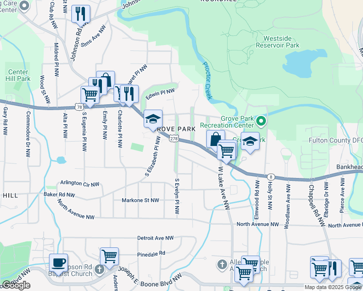 map of restaurants, bars, coffee shops, grocery stores, and more near 693 South Evelyn Place Northwest in Atlanta