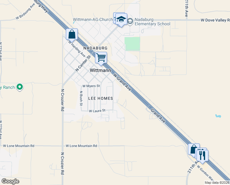 map of restaurants, bars, coffee shops, grocery stores, and more near 21509 West Grand Avenue in Wittmann