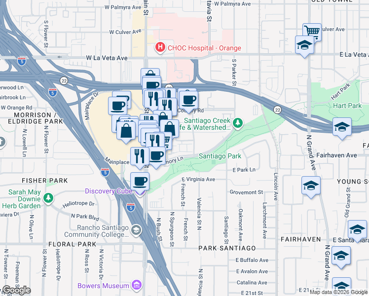 map of restaurants, bars, coffee shops, grocery stores, and more near 452 Jeanette Lane in Santa Ana