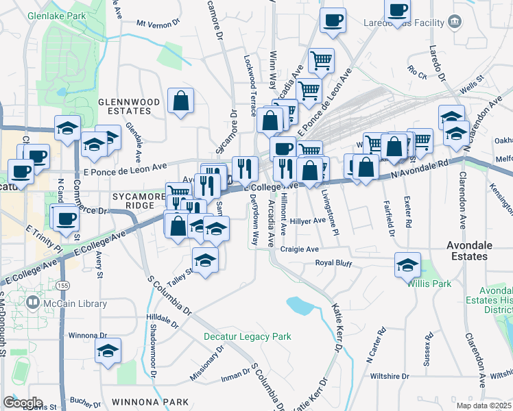 map of restaurants, bars, coffee shops, grocery stores, and more near 716 Derrydown Way in Decatur