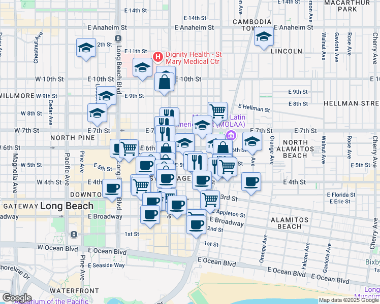map of restaurants, bars, coffee shops, grocery stores, and more near 710 East 6th Street in Long Beach
