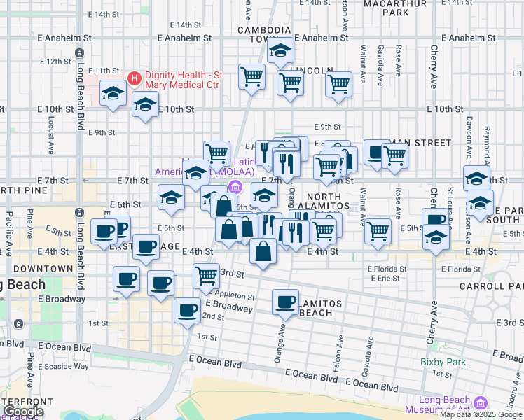 map of restaurants, bars, coffee shops, grocery stores, and more near 541 Cerritos Avenue in Long Beach