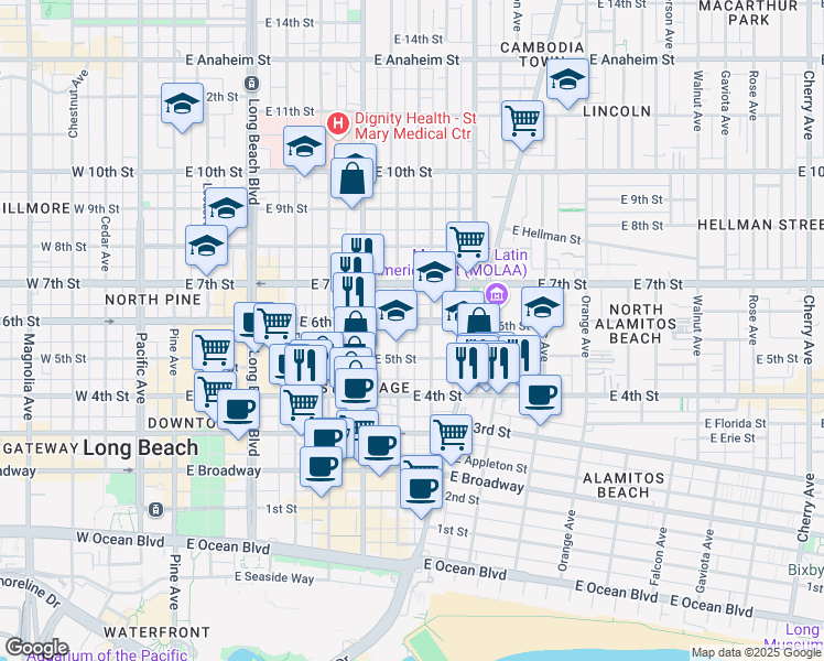 map of restaurants, bars, coffee shops, grocery stores, and more near 718 East 6th Street in Long Beach