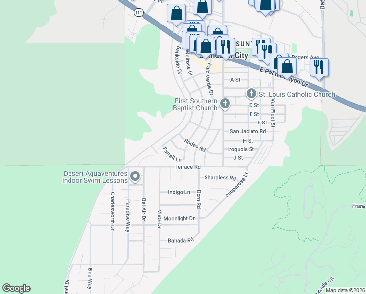 map of restaurants, bars, coffee shops, grocery stores, and more near 37827 Melrose Drive in Cathedral City