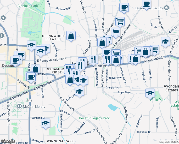 map of restaurants, bars, coffee shops, grocery stores, and more near 2657 East College Avenue in Decatur