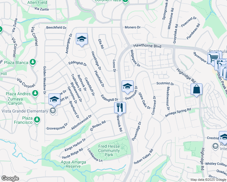 map of restaurants, bars, coffee shops, grocery stores, and more near 28752 Plainfield Drive in Rancho Palos Verdes