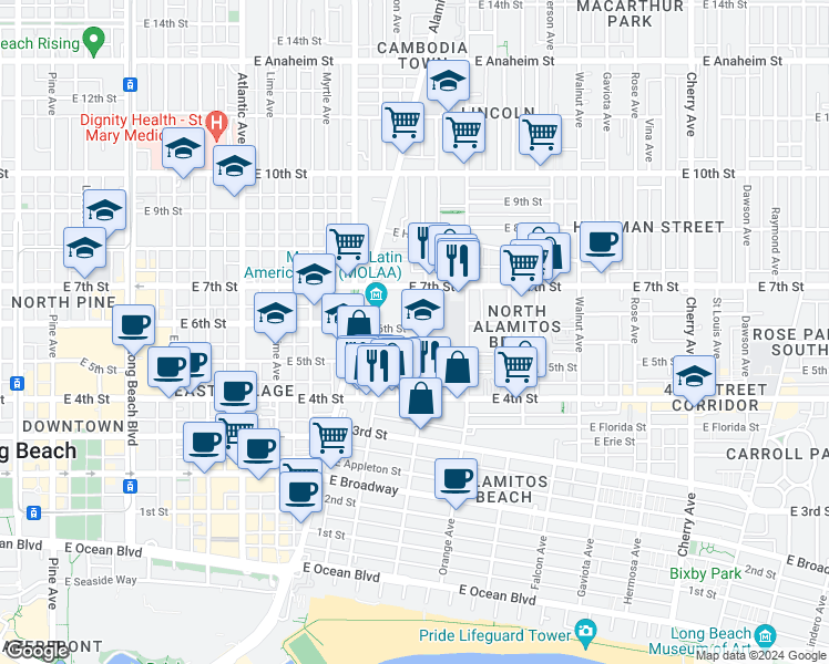 map of restaurants, bars, coffee shops, grocery stores, and more near 1060 East 6th Street in Long Beach