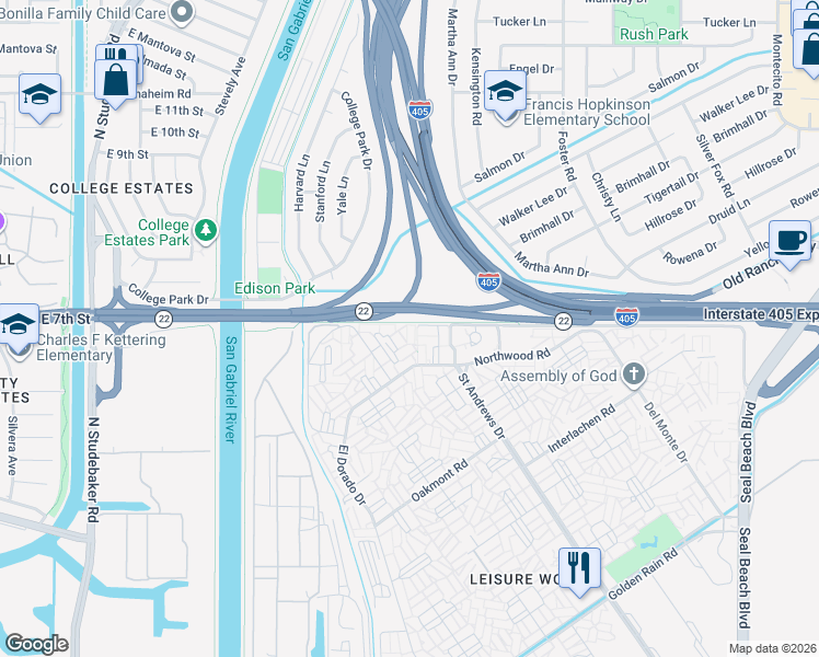 map of restaurants, bars, coffee shops, grocery stores, and more near 1020 Foxburg Road in Seal Beach