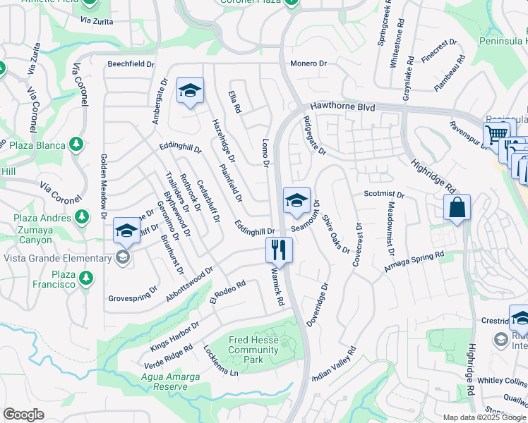 map of restaurants, bars, coffee shops, grocery stores, and more near 28752 Plainfield Drive in Rancho Palos Verdes