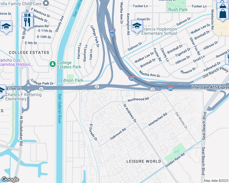 map of restaurants, bars, coffee shops, grocery stores, and more near 1040 Foxburg Road in Seal Beach