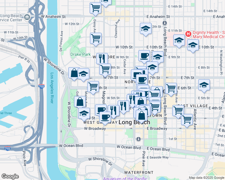 map of restaurants, bars, coffee shops, grocery stores, and more near 545 Chestnut Avenue in Long Beach